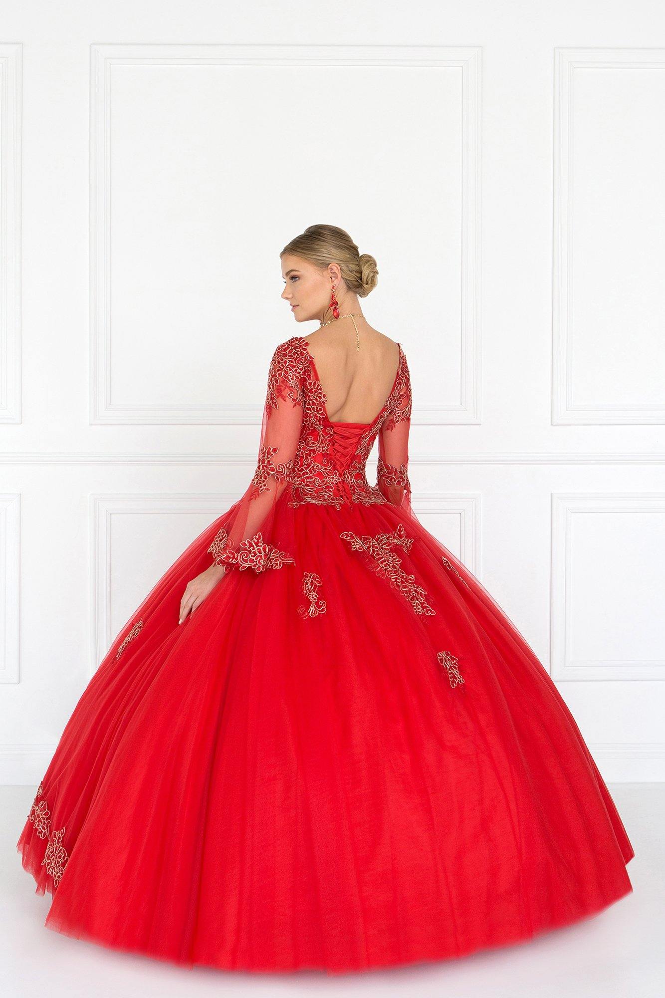 Quinceanera V-Neck Ball Gown Dress with Bell Sleeves - The Dress Outlet Elizabeth K