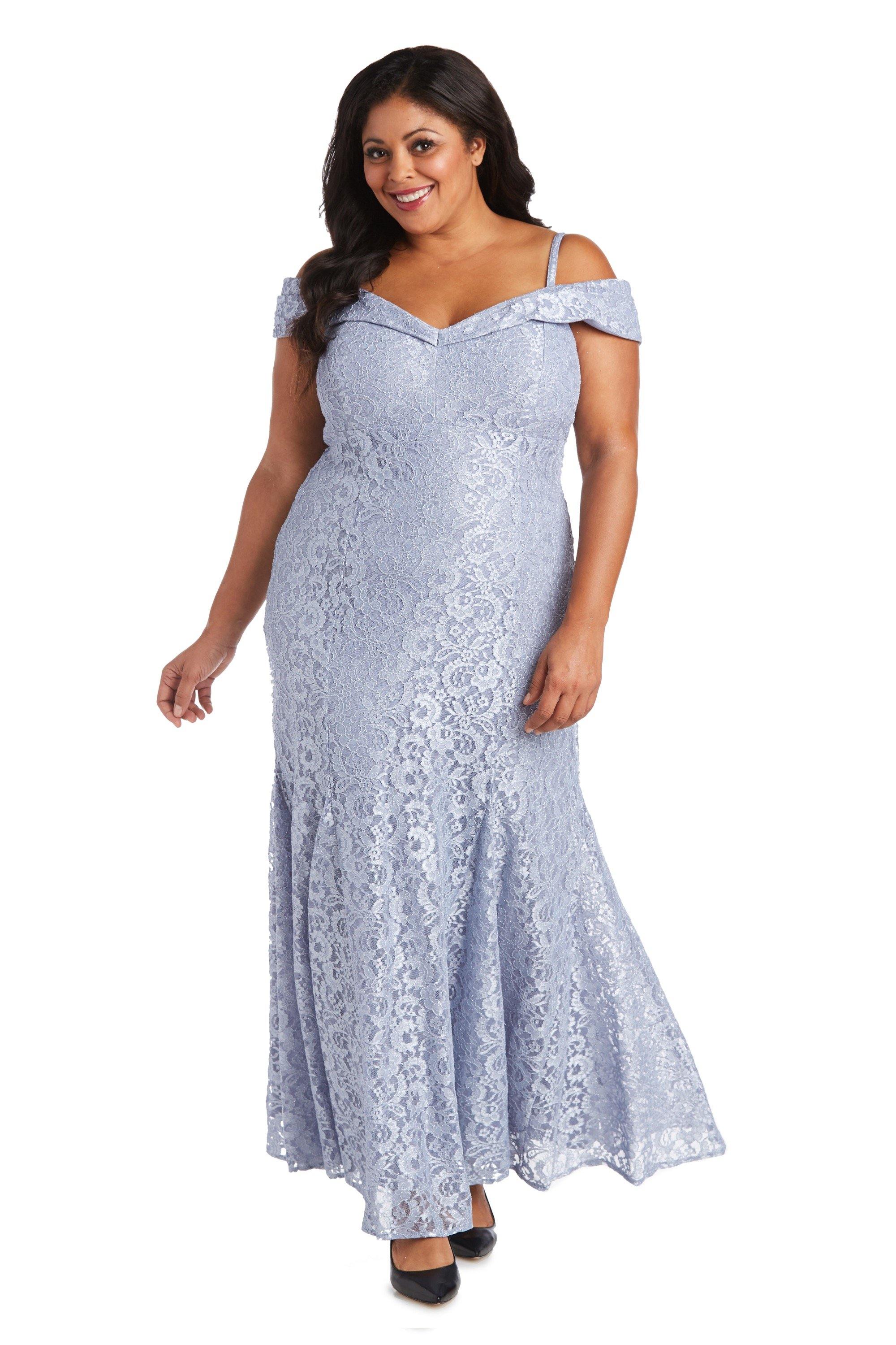 R&M Richards Plus Size Long Formal Lace Gown Chambray