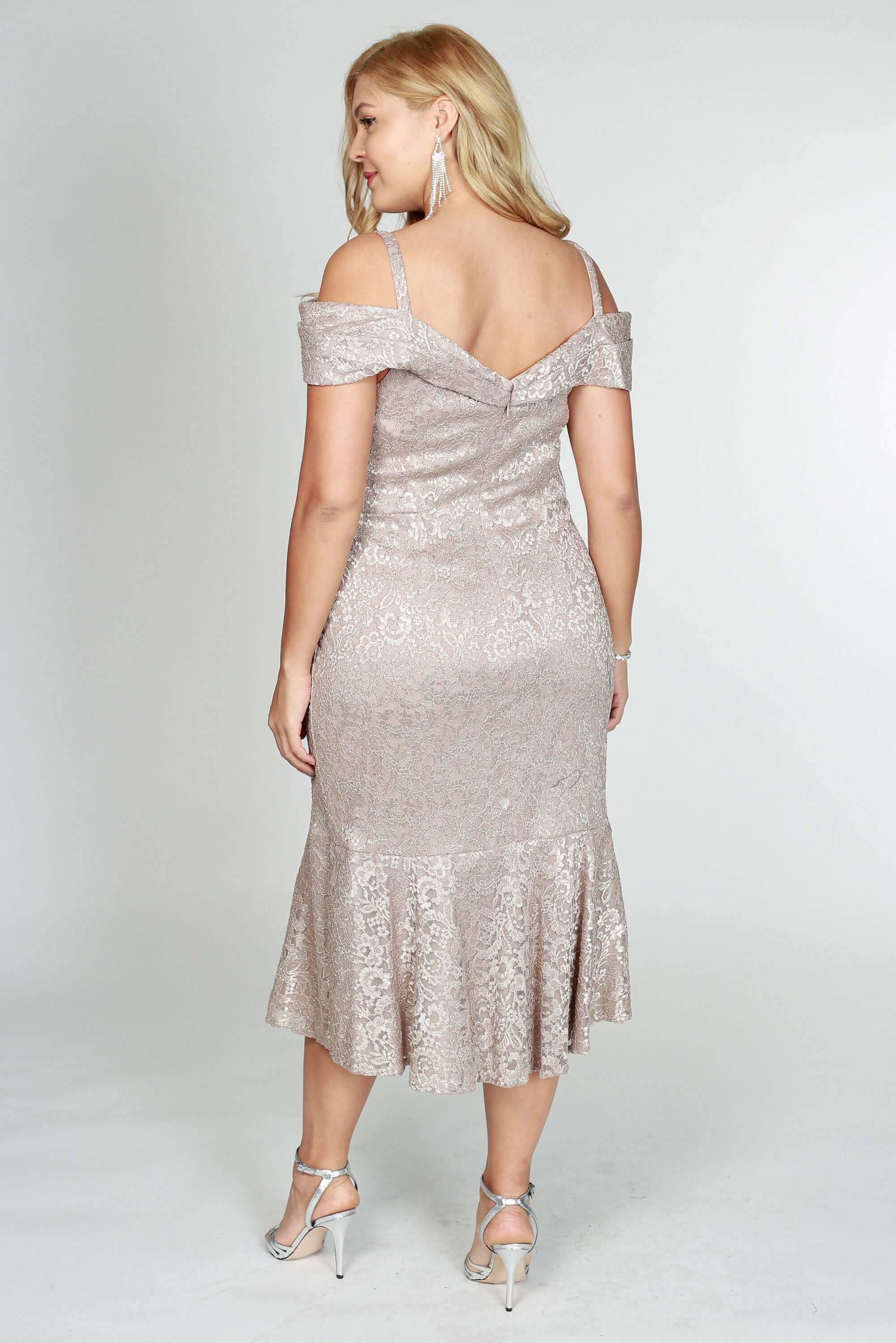 R&M Richards Short Plus Size Lace Dress Champagne - The Dress Outlet R&M Richards