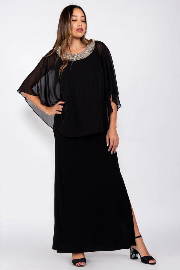 Long Formal Chiffon Cape Dress Black R&M Richards 2328