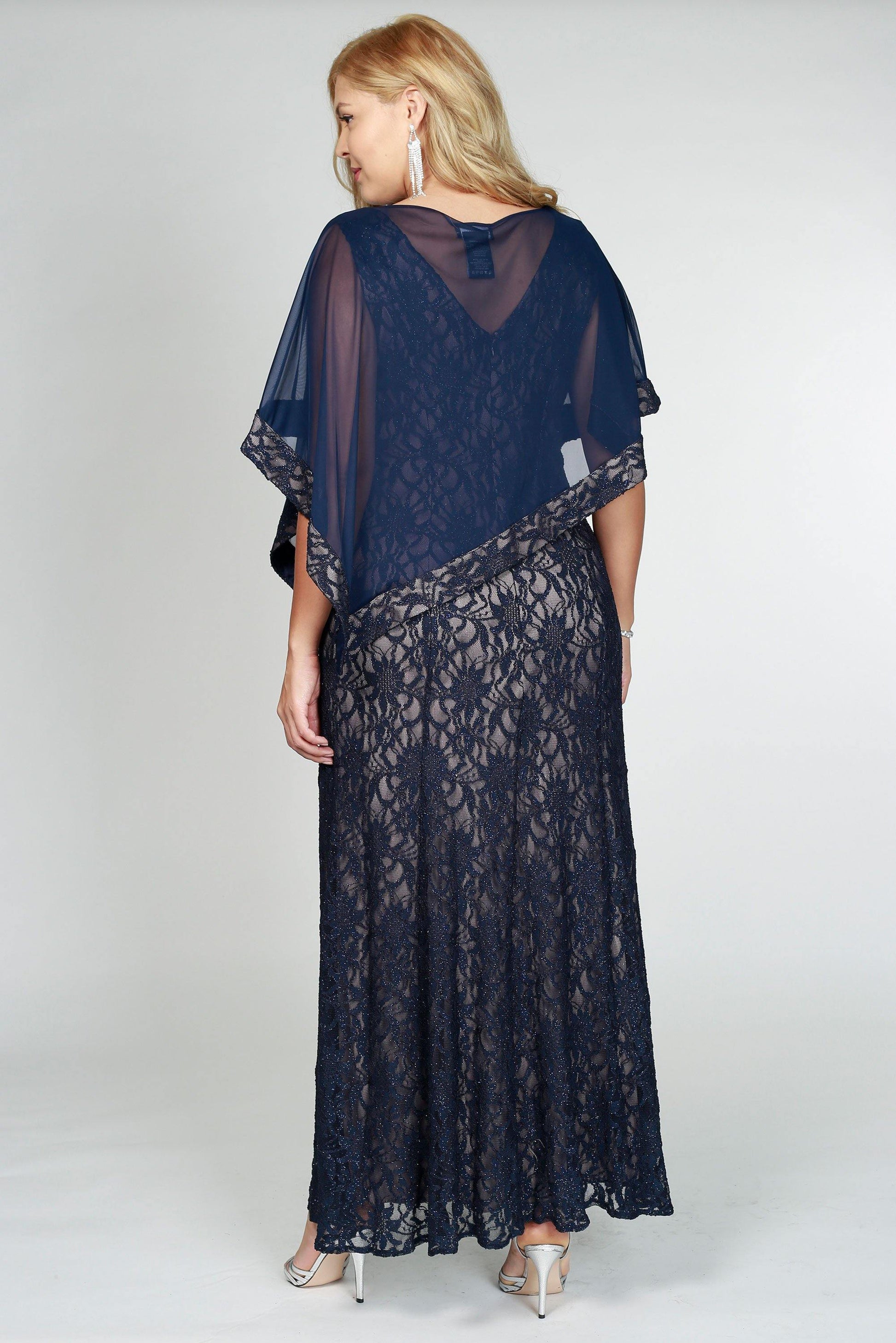 R&M Richards 2347W Long Plus Size Formal Cape Dress
