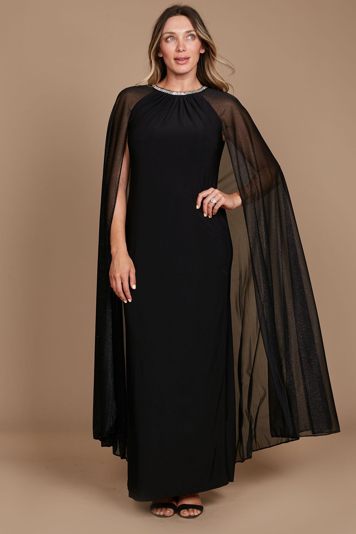 R&M Richards Plus Size Long Formal Cape Gown Black