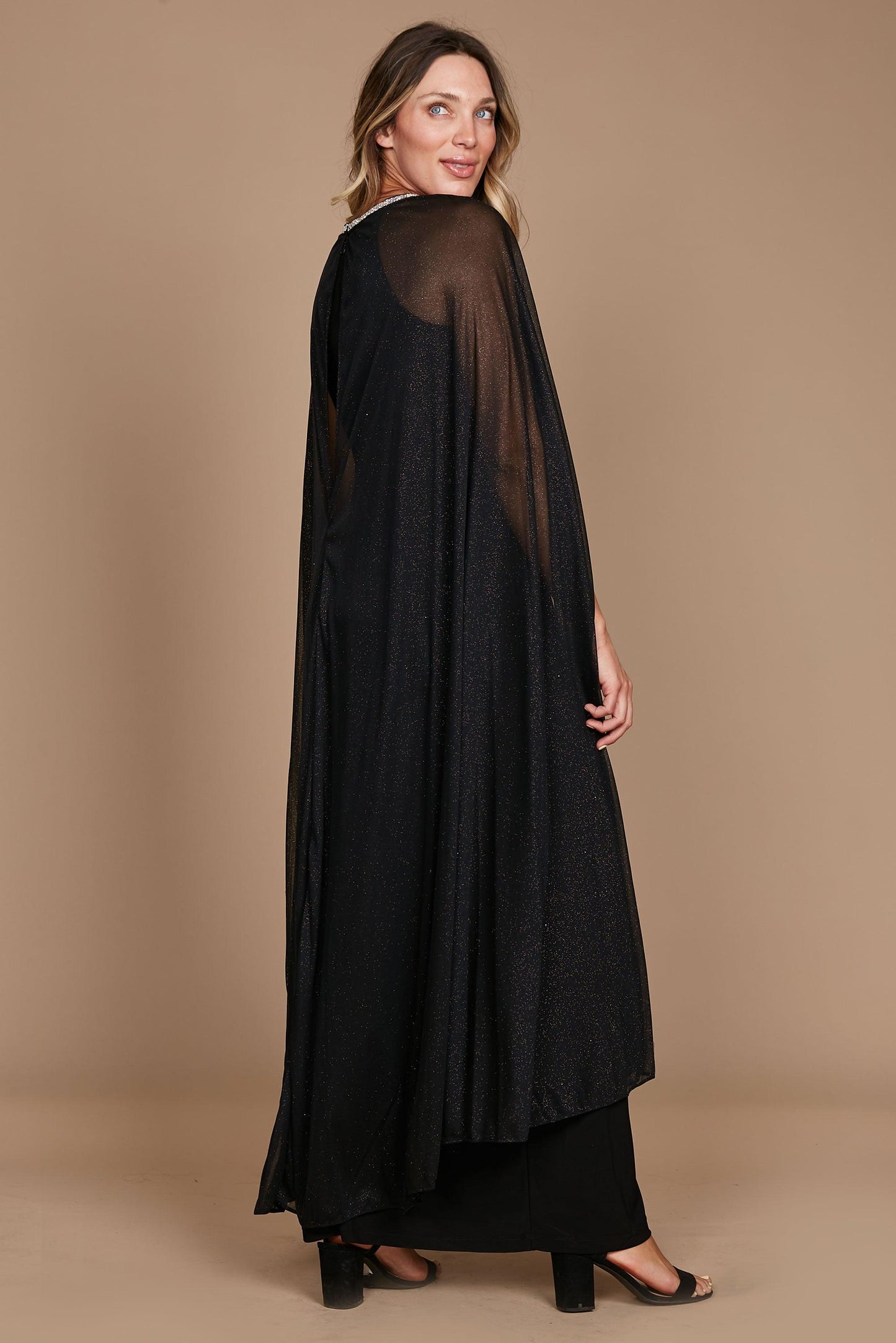 R&M Richards Plus Size Long Formal Cape Gown Black