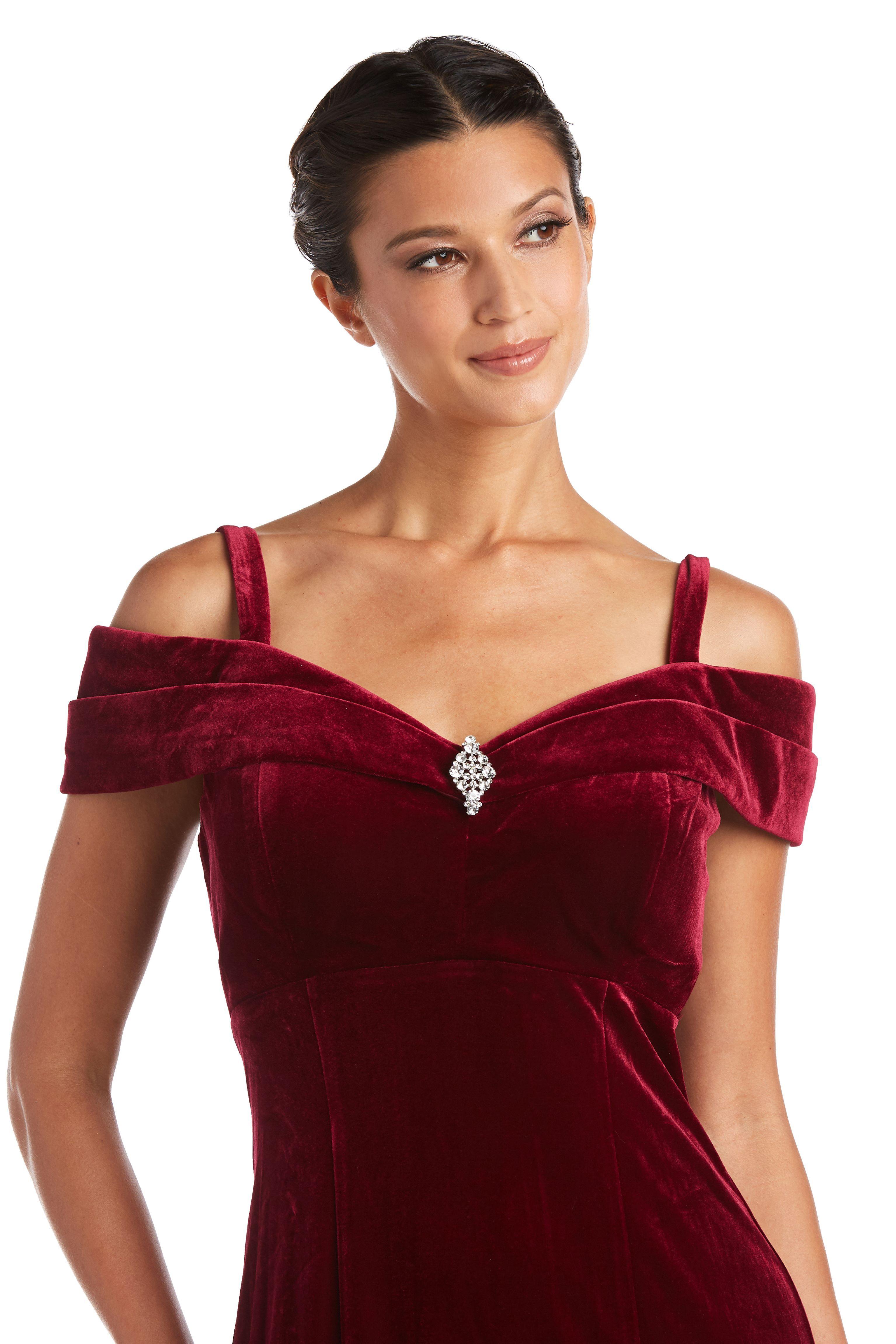 R&M Richards Long Formal Off Shoulder Velvet Dress 2509 - The Dress Outlet