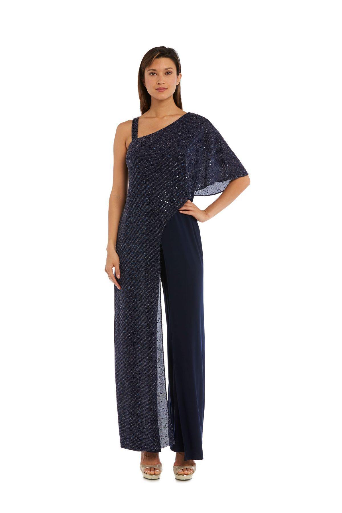 R&M Richards Asymmetric Jumpsuit with Sequined Overlay 3096 - The Dress Outlet