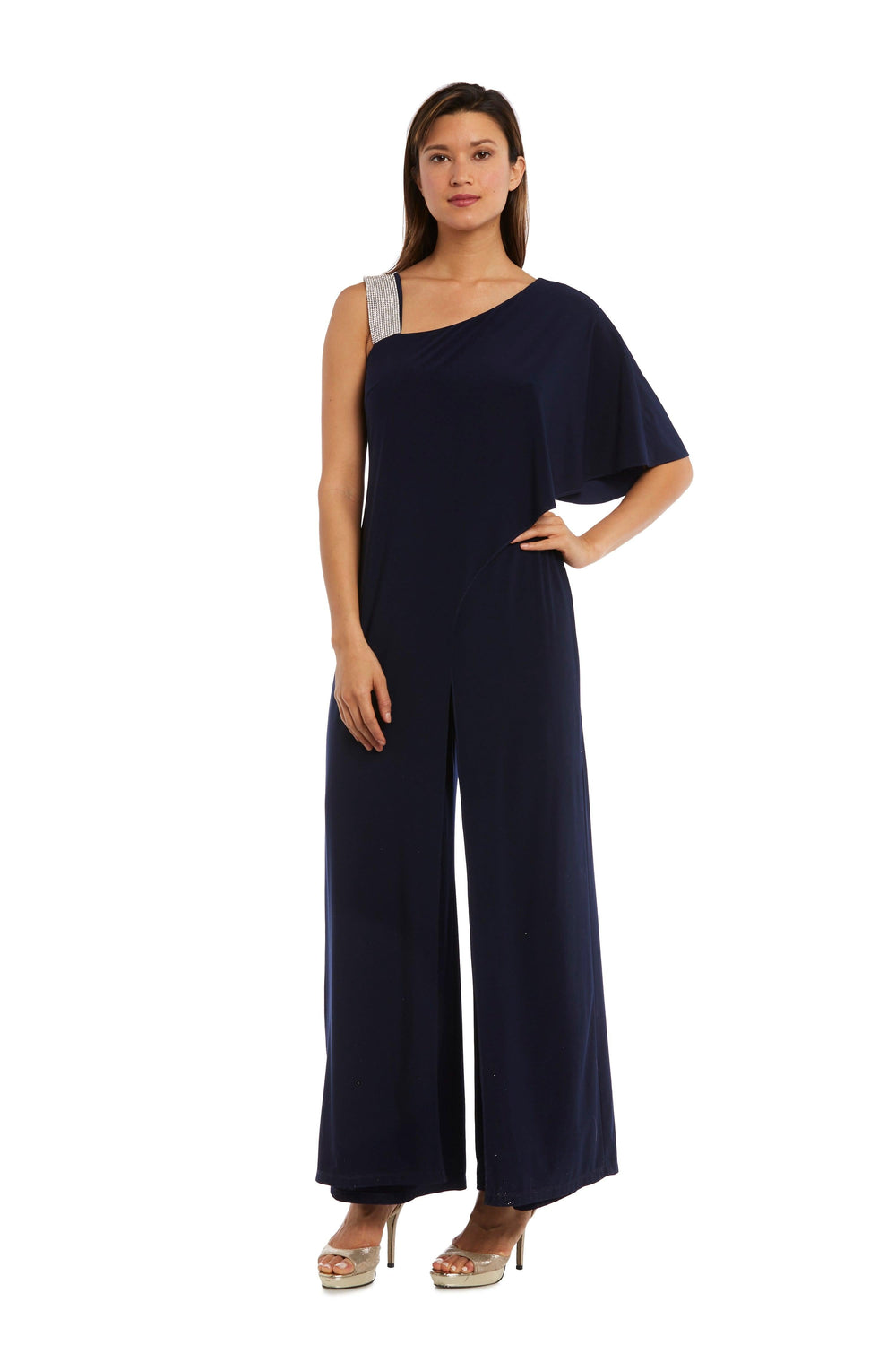 R&M Richards Asymmetric Jumpsuit with Overlay 3420 - The Dress Outlet