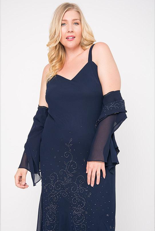 R&M Richards Plus Size Long Formal Mother of the Bride Dress Navy