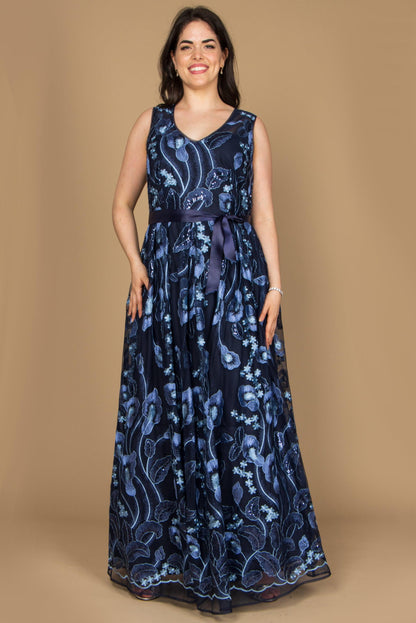 R&M Richards Long Plus Size Sleeveless Gown Navy