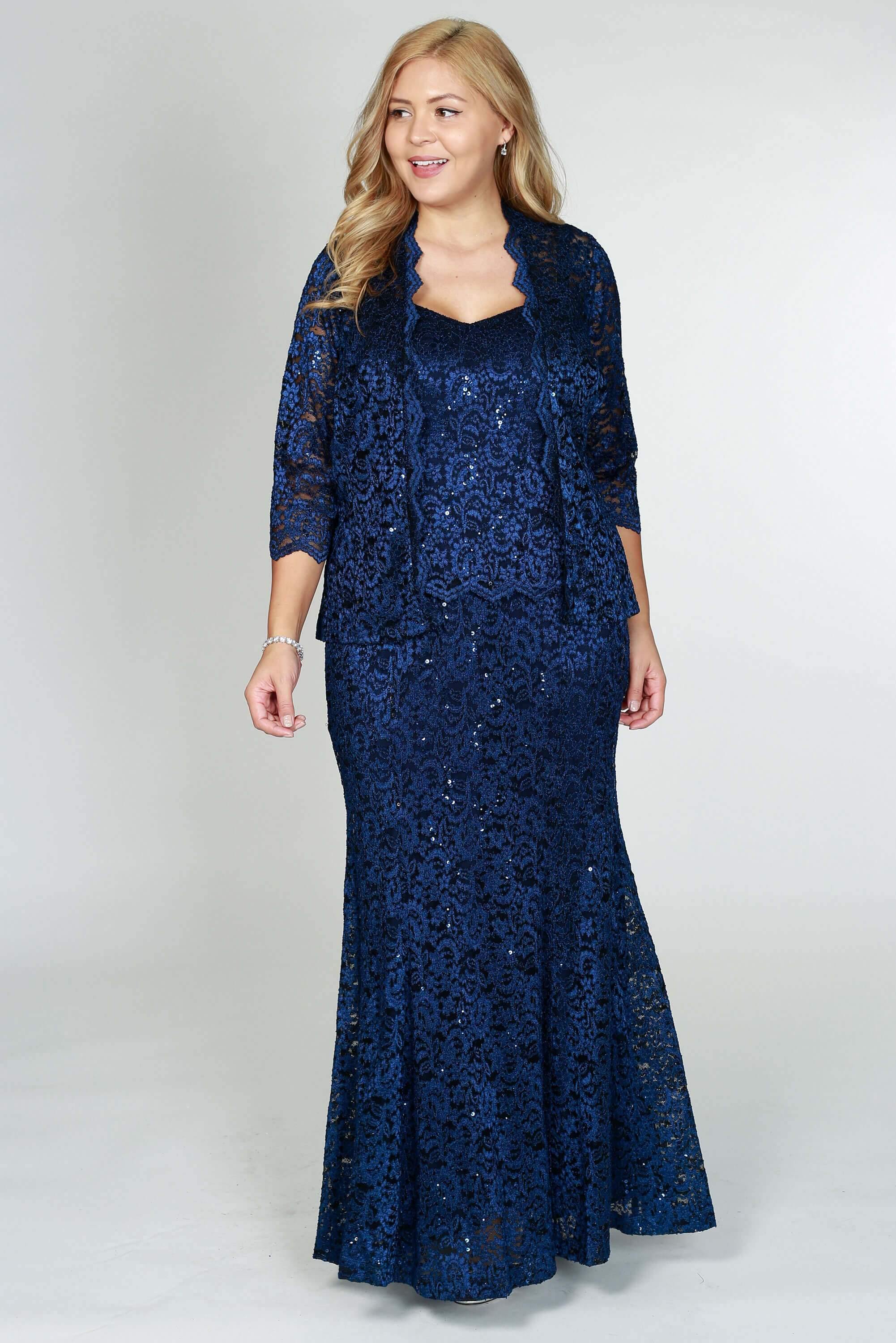 R&M Richards Formal Jacket Lace Long Dress Navy - The Dress Outlet R&M Richards