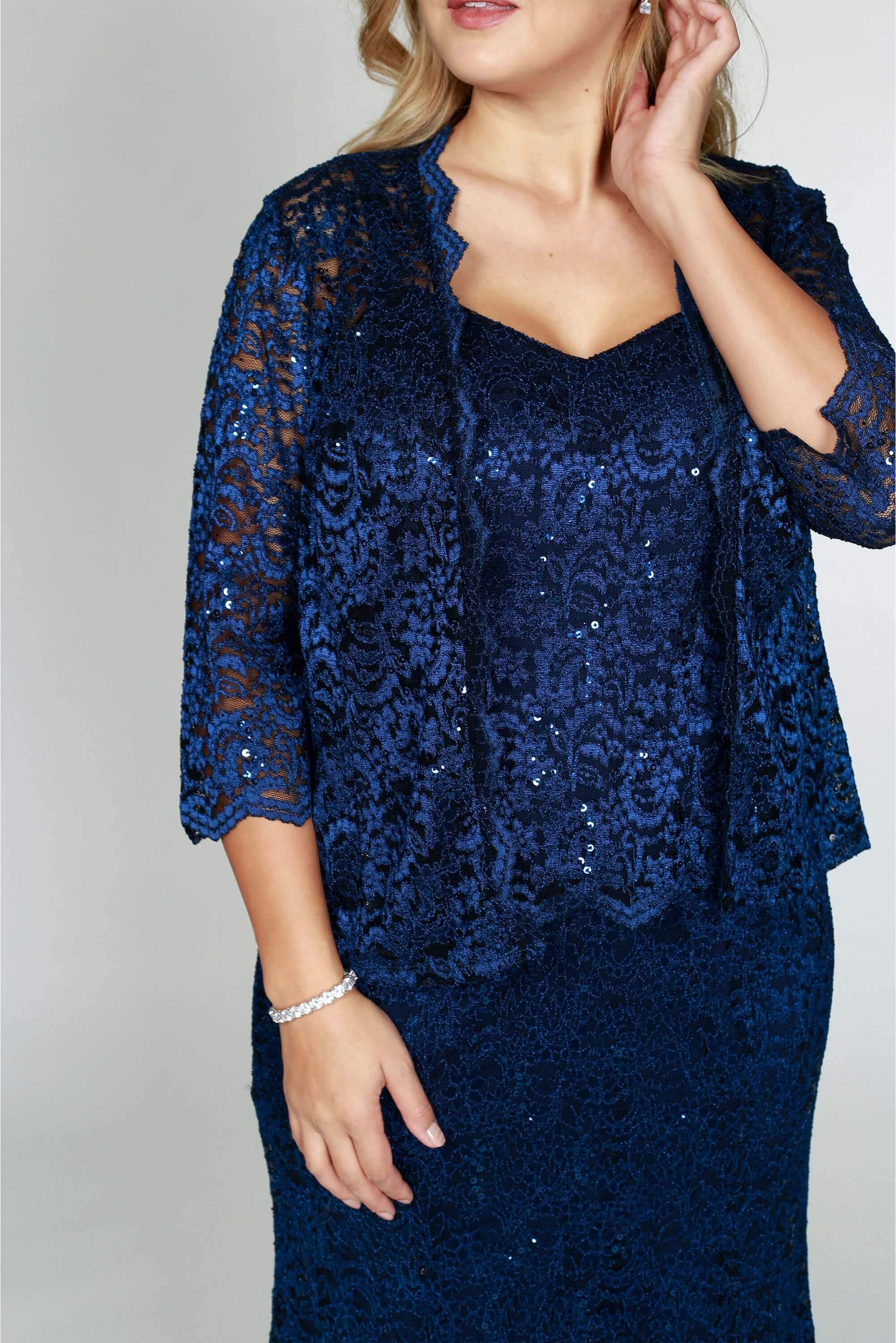 R&M Richards Formal Jacket Lace Long Dress Navy - The Dress Outlet R&M Richards