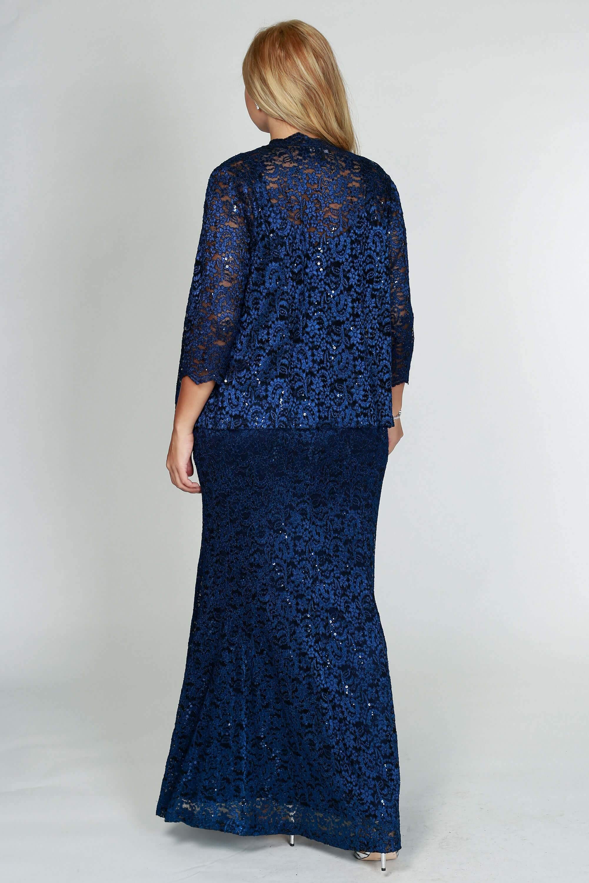 R&M Richards Long Plus Size Formal Lace Dress Navy - The Dress Outlet R&M Richards