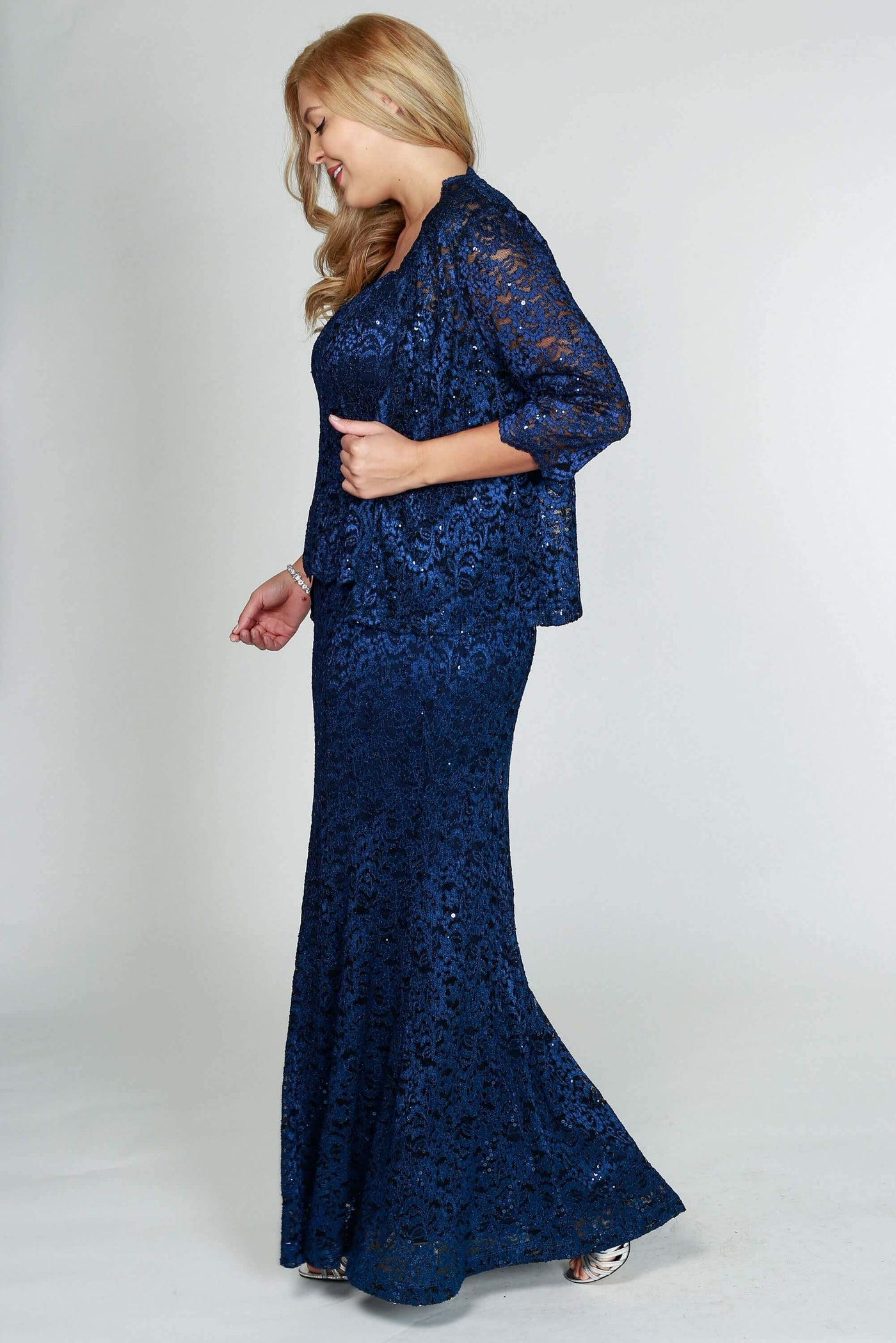 R&M Richards Long Plus Size Formal Lace Dress Navy - The Dress Outlet R&M Richards