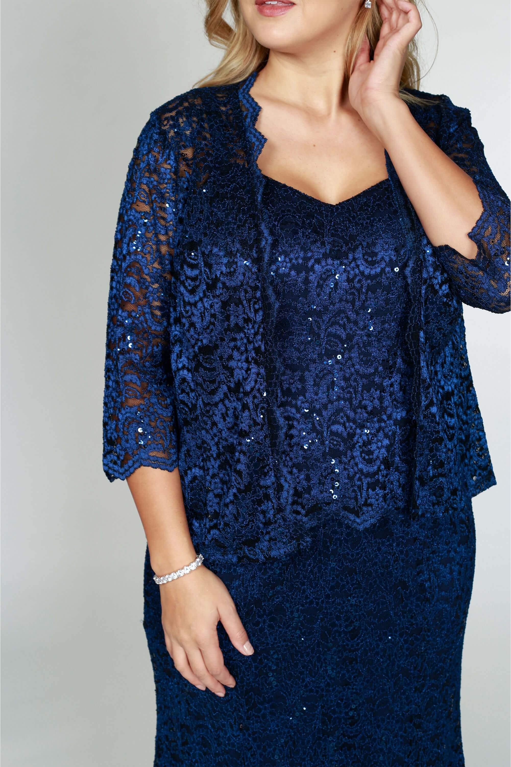 R&M Richards Long Plus Size Formal Lace Dress Navy - The Dress Outlet R&M Richards