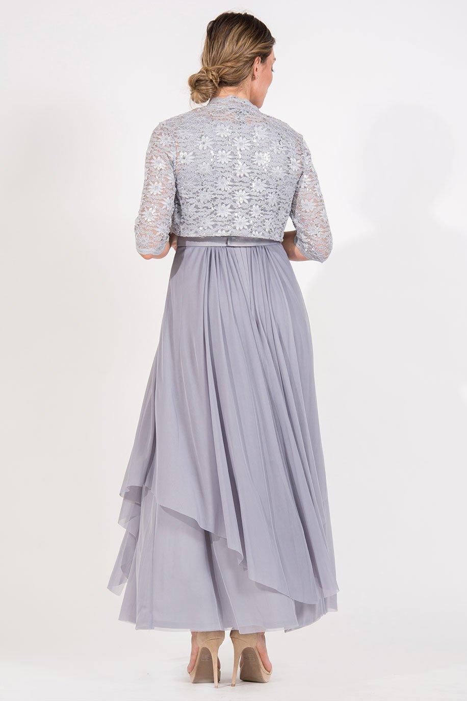 R&M Richards Long Mother of Bride Formal Jacket Dress Silver