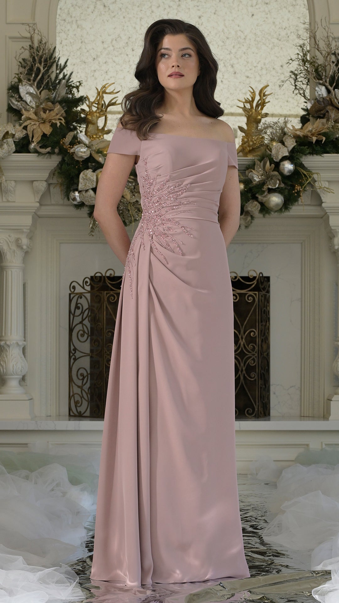 Off-the-Shoulder Floor-Length Satin Occasion A-Line Rina di Montella RD2806A