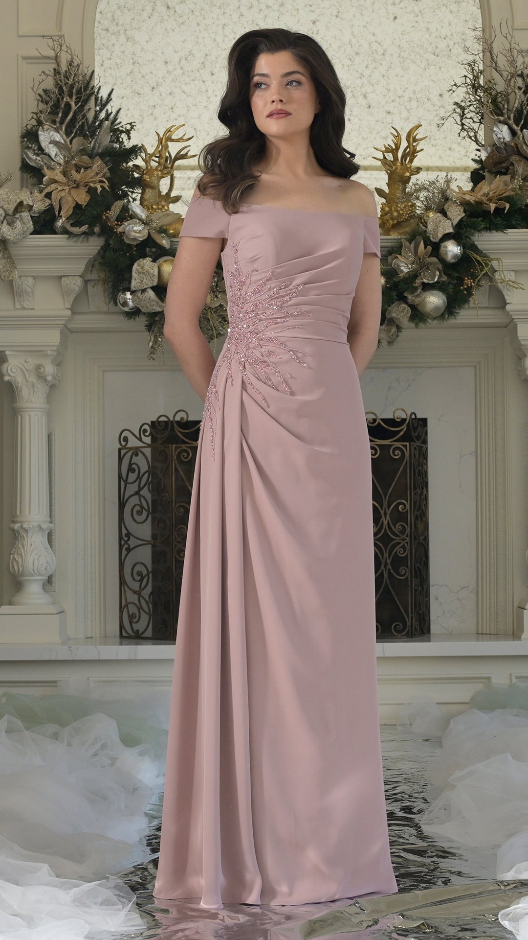 Off-the-Shoulder Floor-Length Satin Occasion A-Line Rina di Montella RD2806A