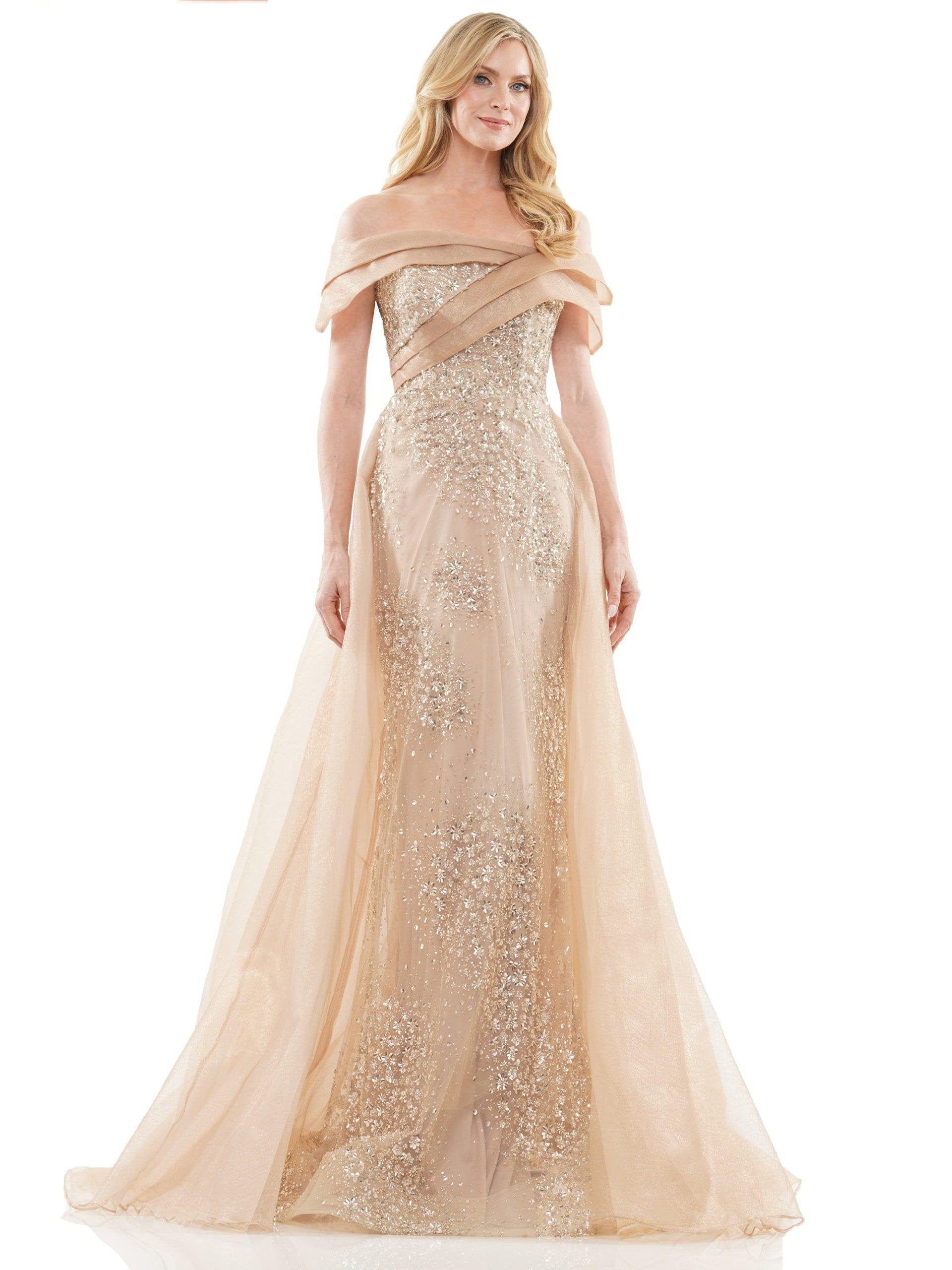 Rina di Montella 2816 Long Formal Off Shoulder Gown in Champagne