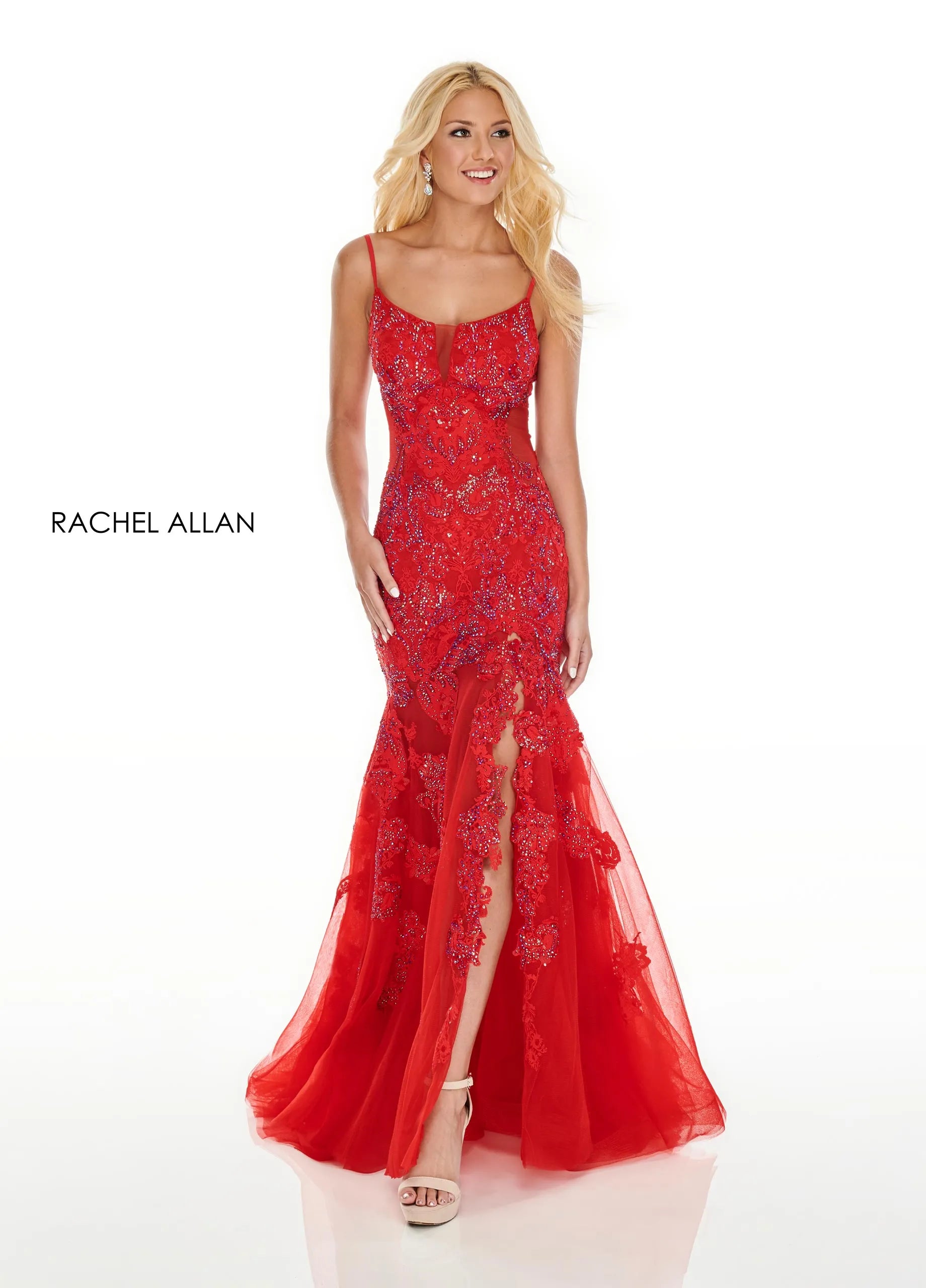 Prom Dresses Long Formal Floral Applique Slit Corset Prom Dress Rachel Allan 70275 Red