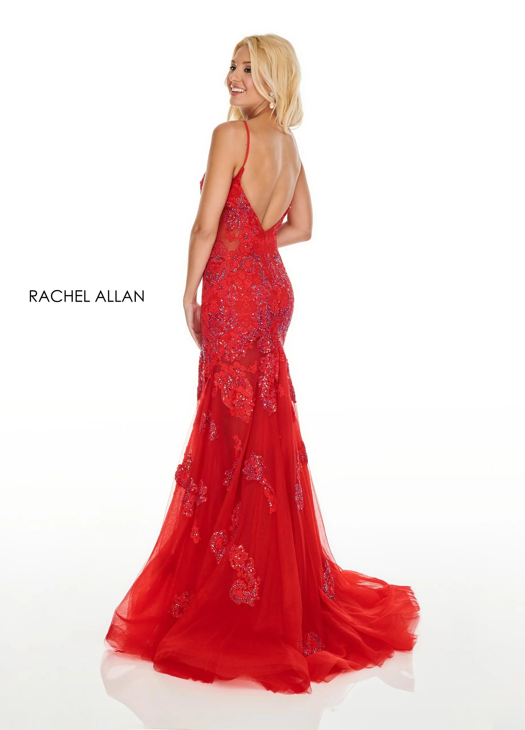 Prom Dresses Long Formal Floral Applique Slit Corset Prom Dress Rachel Allan 70275 Red