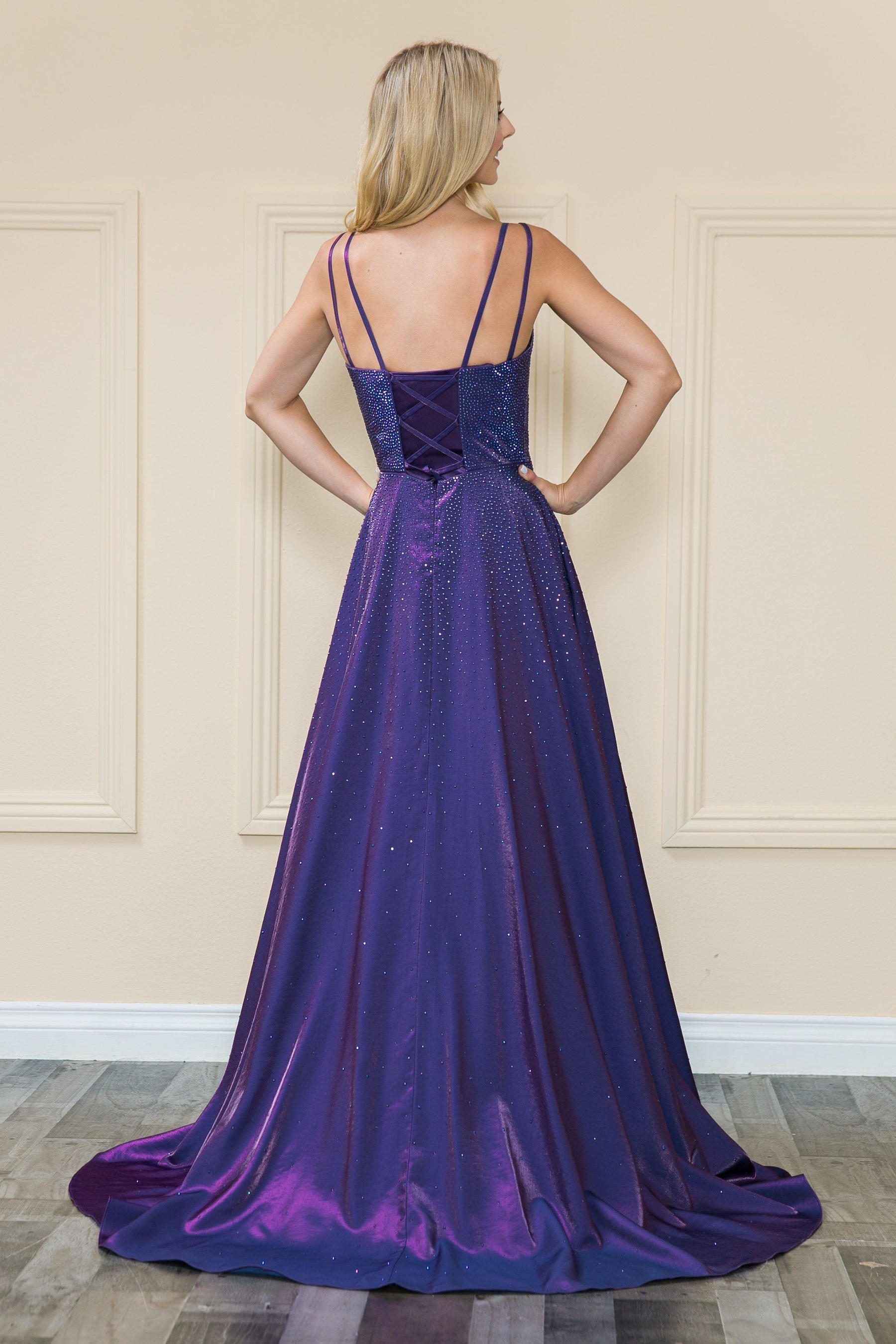 Purple V-Neck Floor-Length Shimmer Prom Dress with Side Slit Poly USA 8922