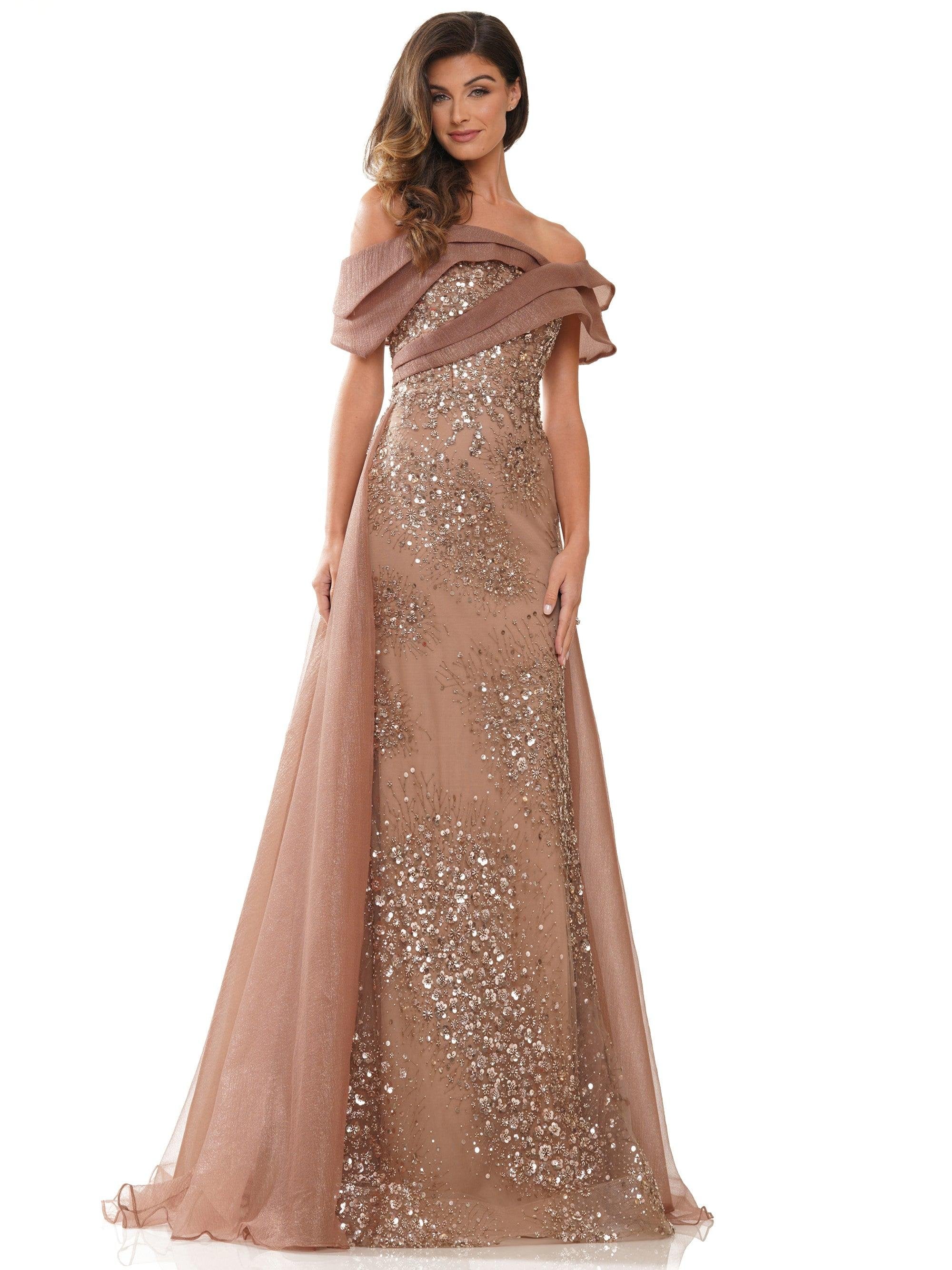 Rina di Montella 2816 Long Formal Off Shoulder Gown in Coffee