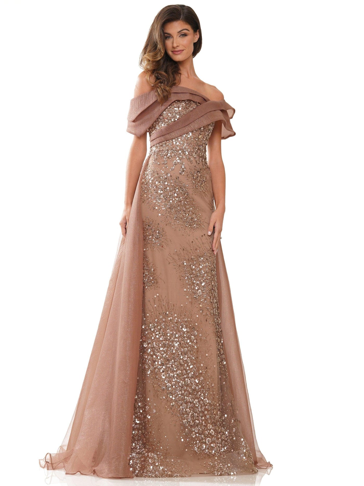 Rina di Montella 2816 Long Formal Off Shoulder Gown in Coffee