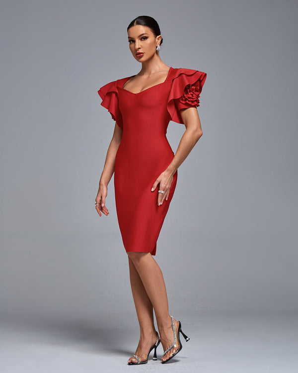 Square Neck Knee-Length Scuba Cocktail Sheath Ruffle Dress Badgley Mischka BSD5041