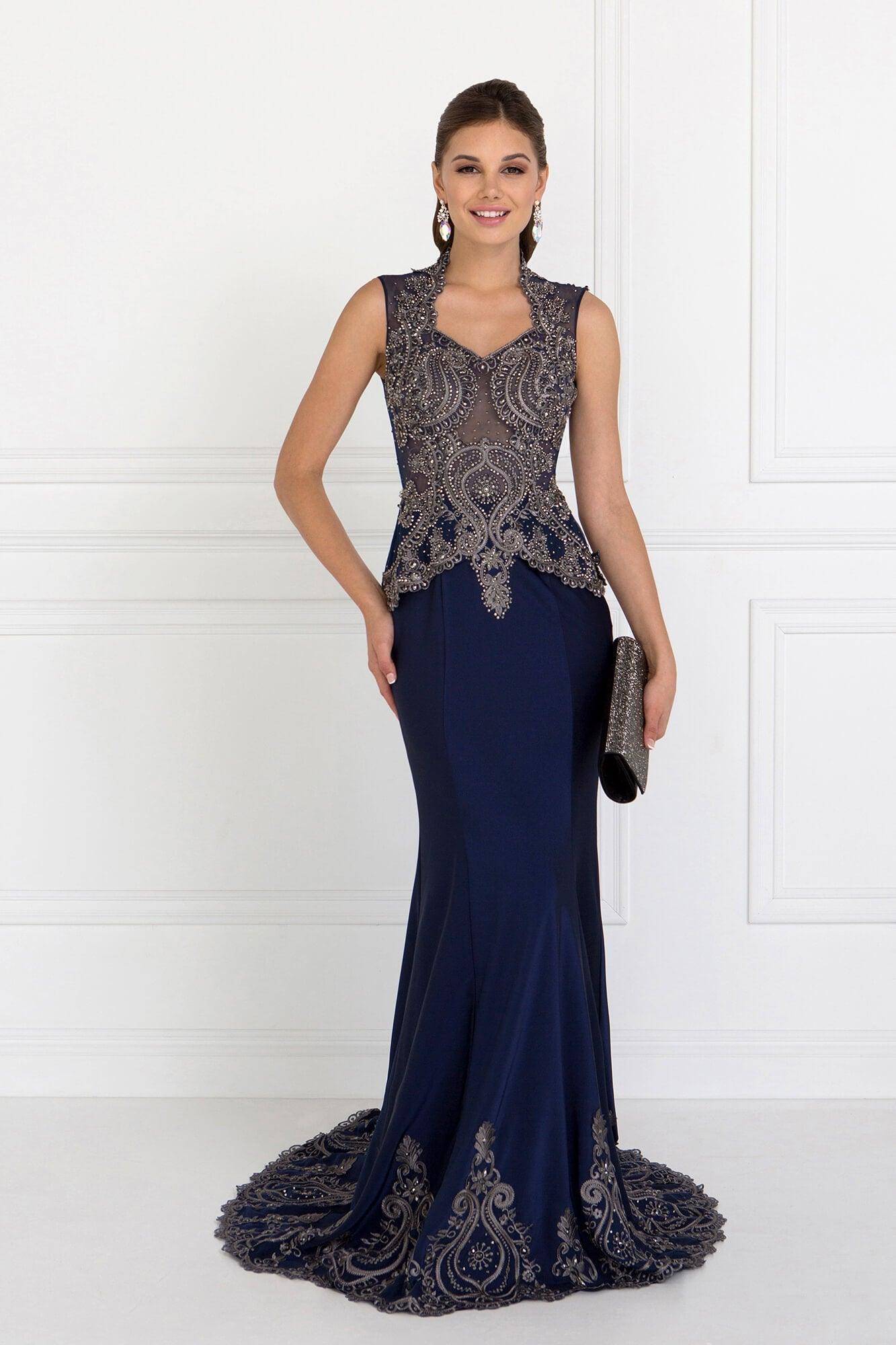 GLS Rome Jersey Mermaid Long Prom Dress - Navy - XS - Sleeveless with Queen Anne Neckline GLS Rome Jersey Mermaid Long Prom Dress - Navy - XS - Sleeveless with Queen Anne Neckline