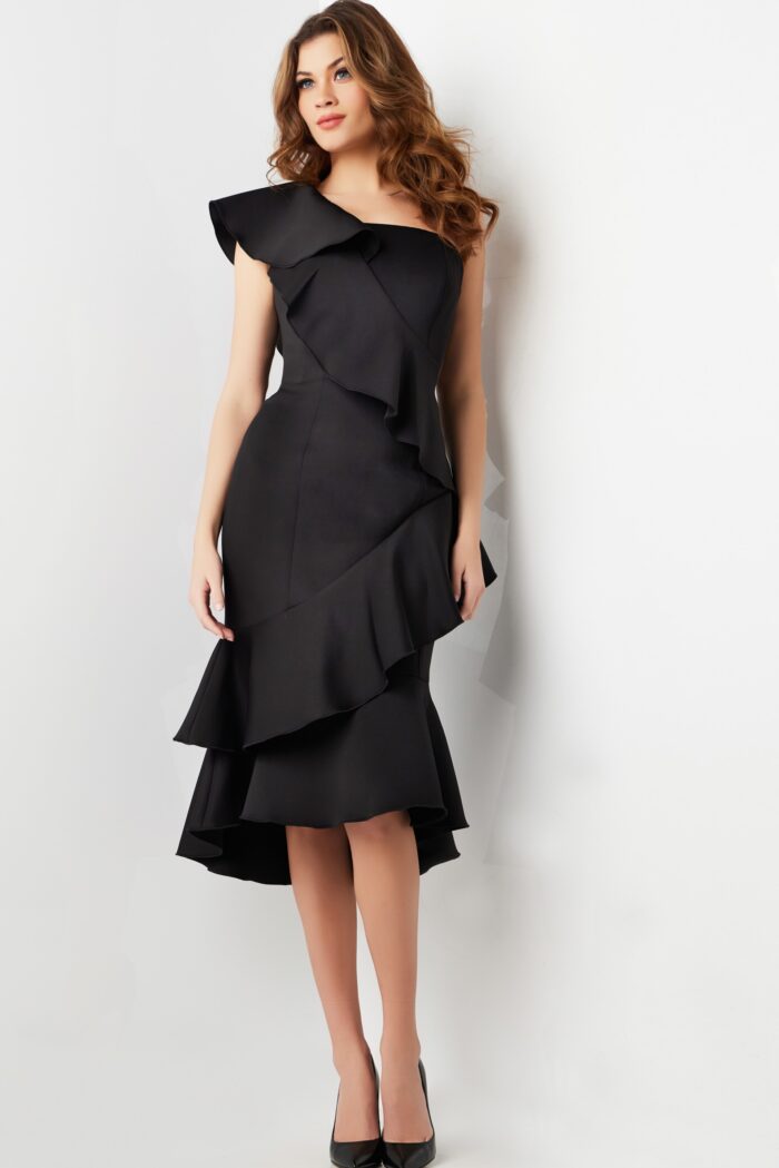 Cocktail Dresses Midi Length Ruffle Cocktail Dress Black