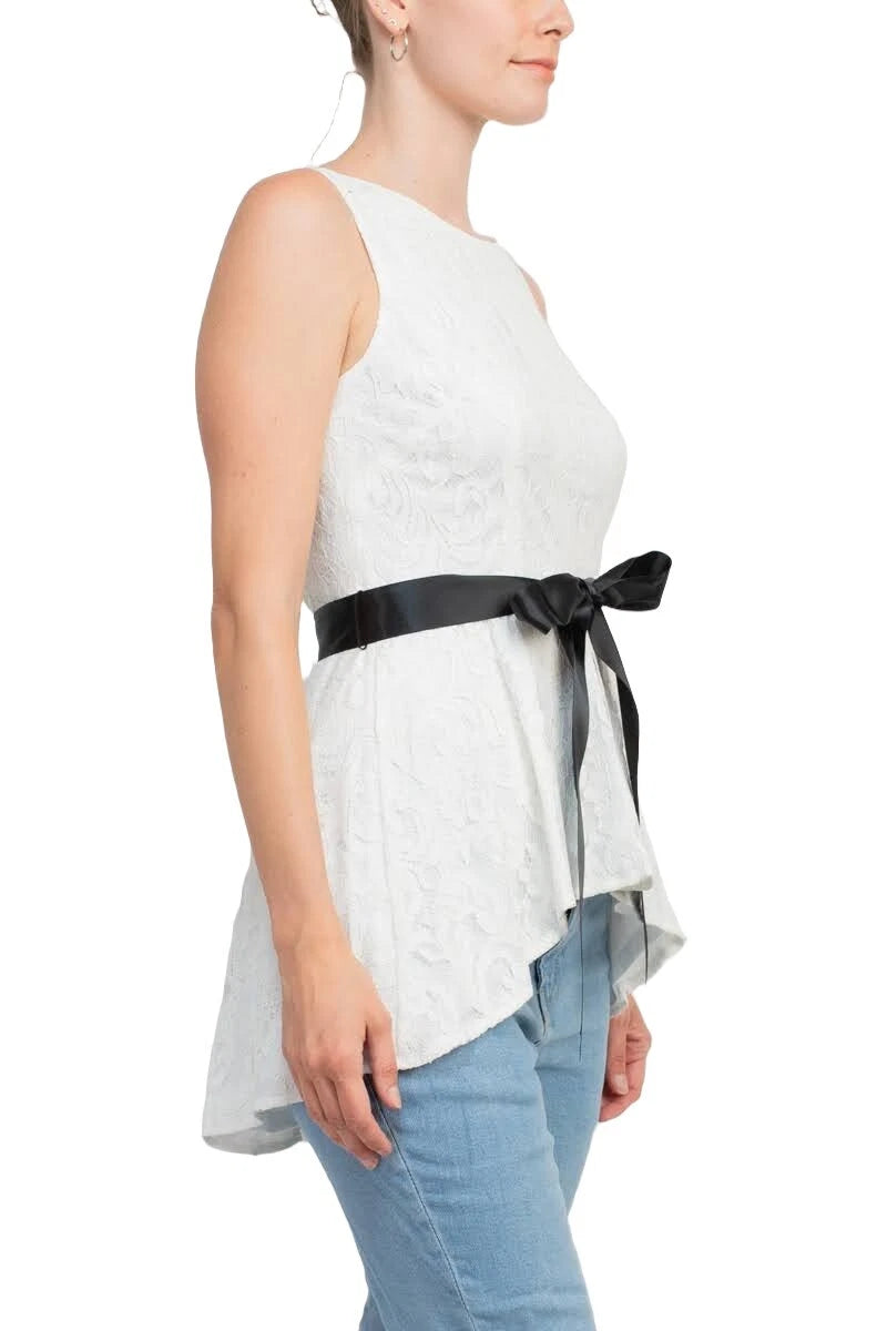 Boat Neck Sleeveless Tie Waist High-Low Hem Lace Top Adrianna Papell A –  The Dress Outlet