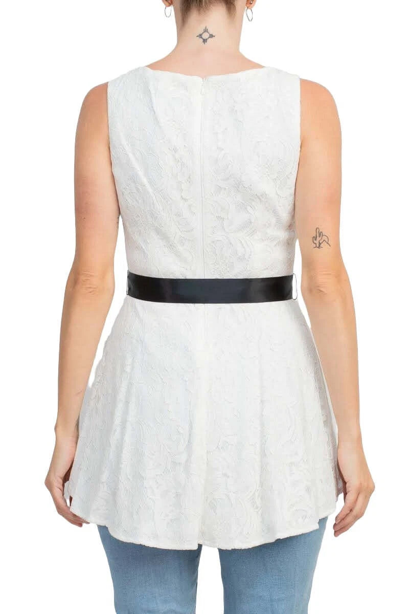 Boat Neck Sleeveless Tie Waist High-Low Hem Lace Top Adrianna Papell A   The Dress Outlet