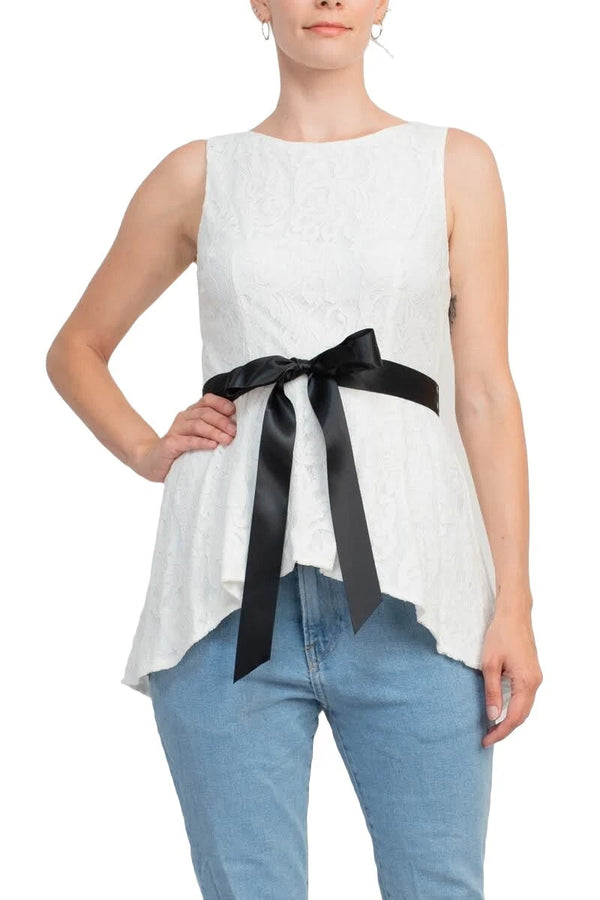 Boat Neck Sleeveless Tie Waist High-Low Hem Lace Top Adrianna Papell AP1E206884