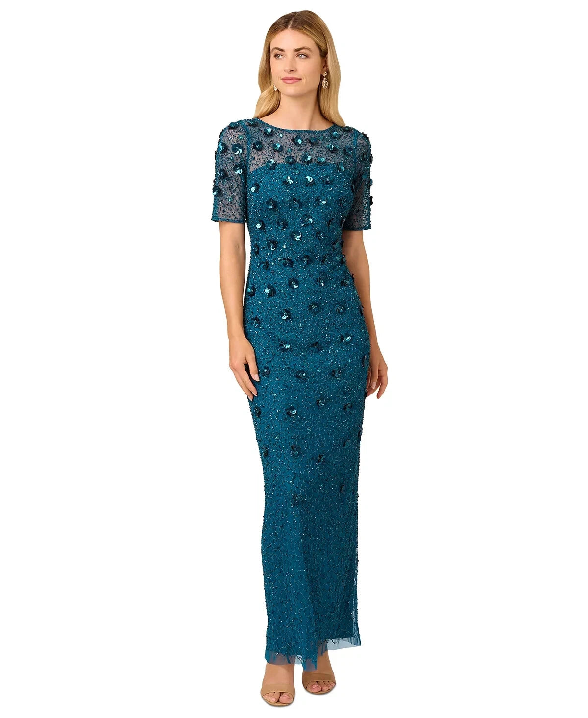 Adrianna Papell AP1E209314 Crew Neck Long Mesh Beaded Applique Formal Dress