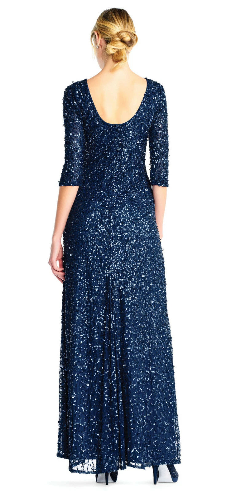 Scoop Neck Floor-Length Sequined Evening Gown with Quarter-Length Sleeves Formal Dress Adrianna Papell 091919970