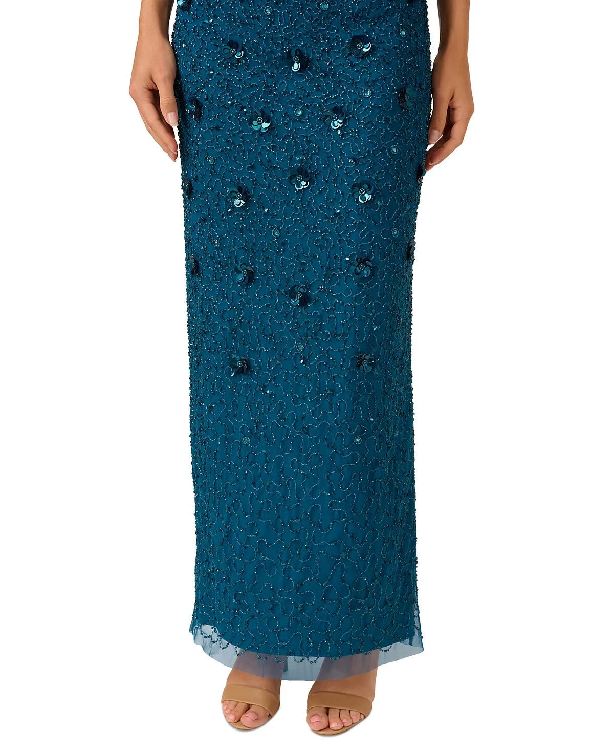Adrianna Papell AP1E209314 Crew Neck Long Mesh Beaded Applique Formal Dress