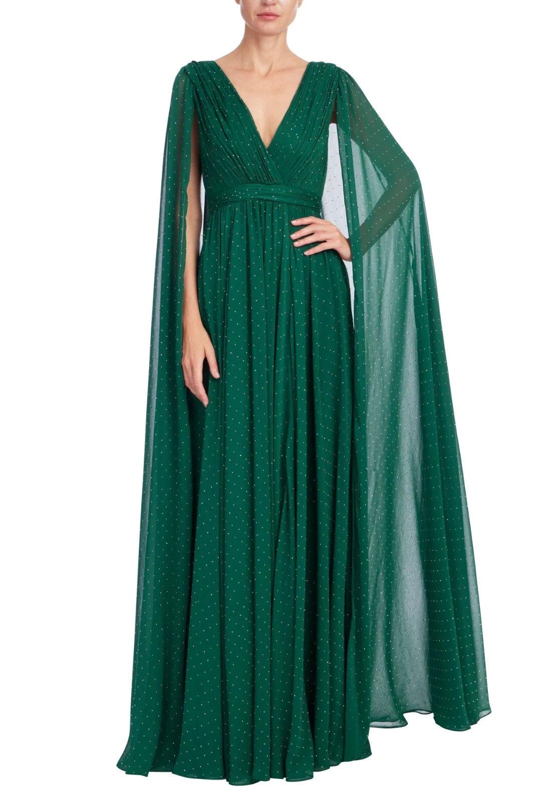 Dark Emerald V-Neck Floor-Length Chiffon Formal Cape Sleeve Gown Badgley Mischka EG4610B