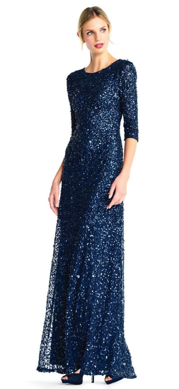 Scoop Neck Floor-Length Sequined Evening Gown with Quarter-Length Sleeves Formal Dress Adrianna Papell 091919970