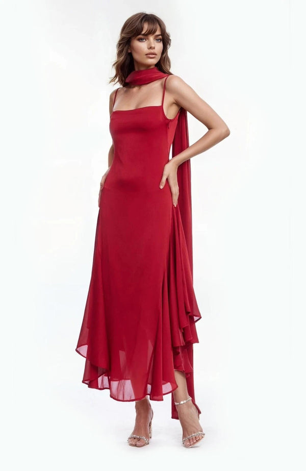 Jewel Badgley Mischka Janie Square Neck Midi Dress with Chiffon Scarf Detail, Size: 8 in Red
