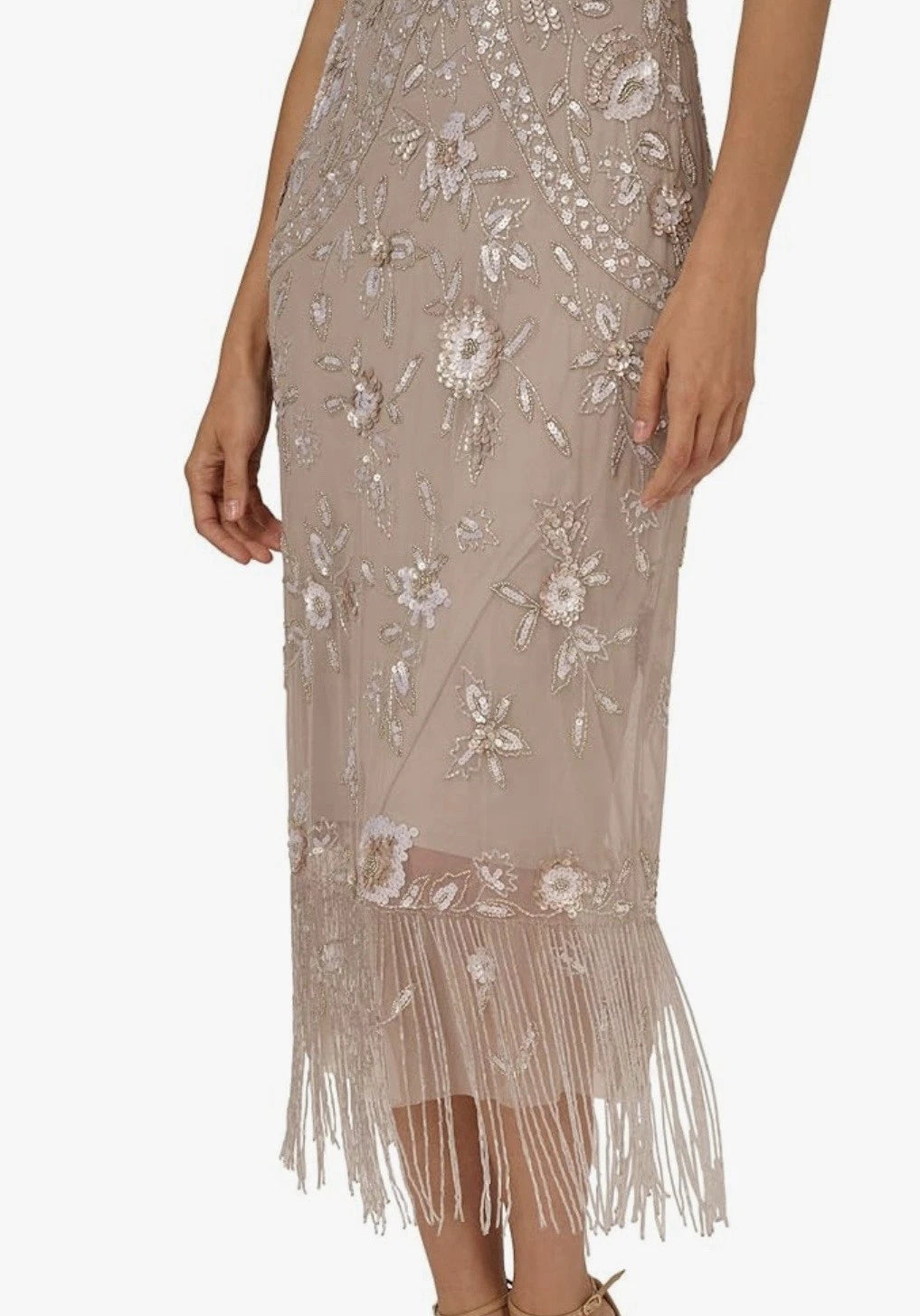 Flutter Sleeve Beaded Fringe Midi Dress