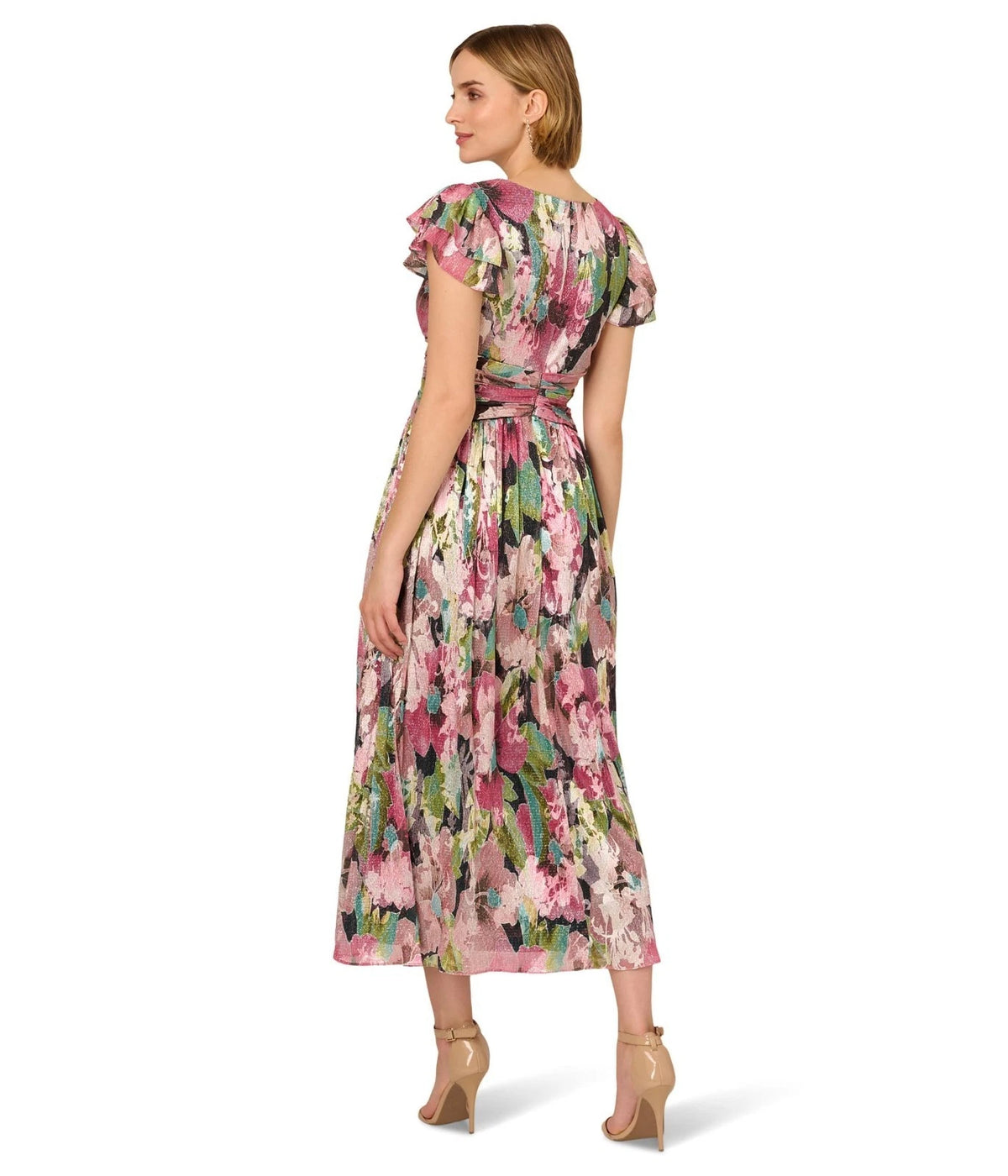 Navy Pink Multi Adrianna Papell AP1E212084 V-Neck Short Metallic Floral Cocktail Flutter Sleeves