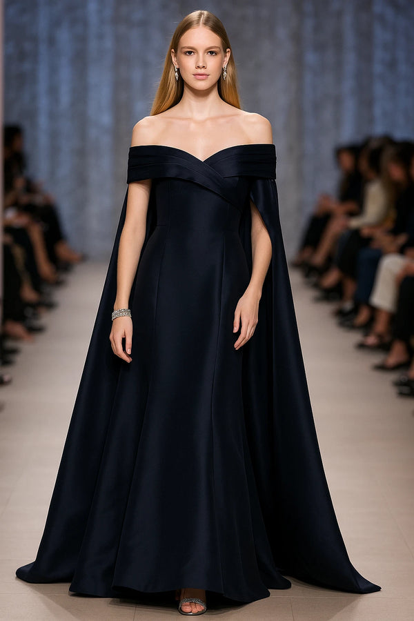 Off-the-Shoulder Floor-Length Mikado Formal Cape Ball Gow Badgley Mischka EG4608A