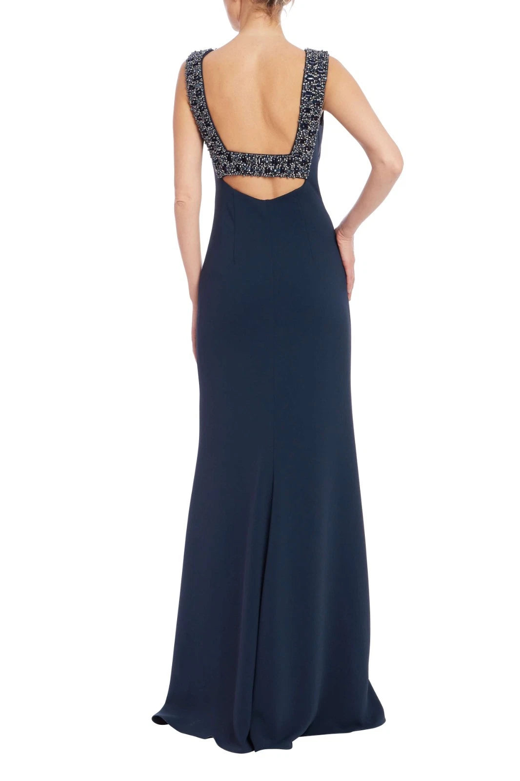 Navy Bateau Neck Floor-Length Crepe Formal A-Line Gown Beaded Neckline Badgley Mischka EG4620