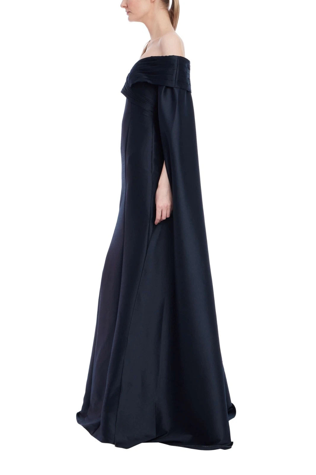 Navy Off-the-Shoulder Floor-Length Mikado Formal Ball Gown with Cape Detail Badgley Mischka EG4608A