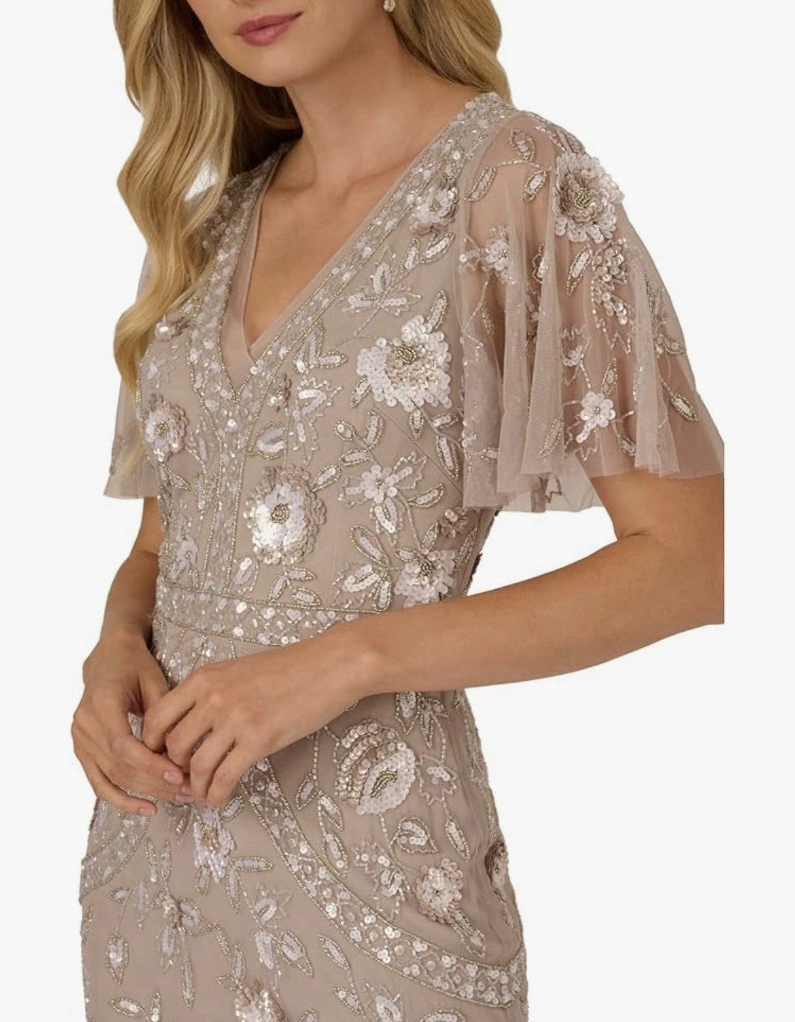 Flutter Sleeve Beaded Fringe Midi Dress