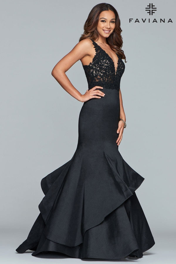 Faviana S10242E Fitted Long Formal Beaded Layered Prom Mermaid Dress