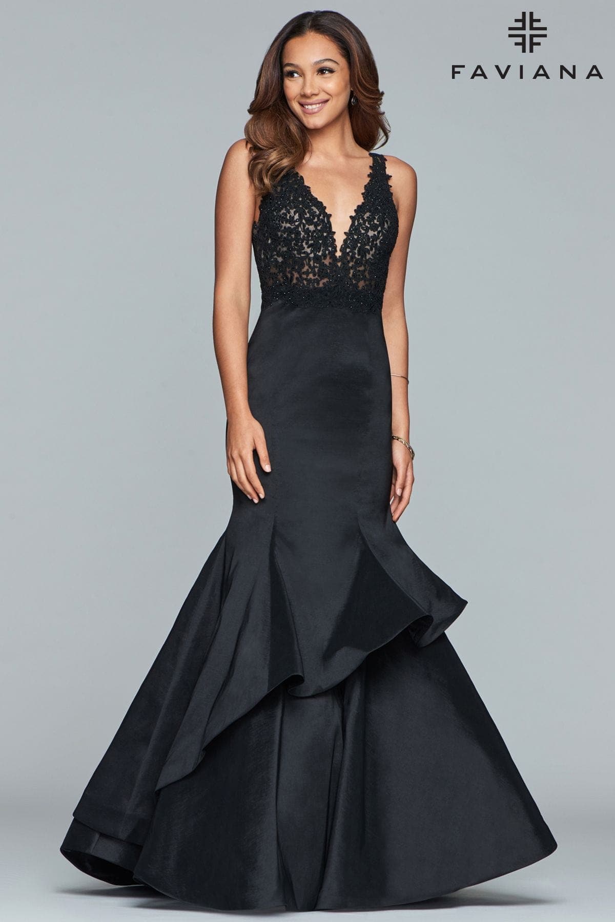 Faviana S10242E Fitted Long Formal Beaded Layered Prom Mermaid Dress