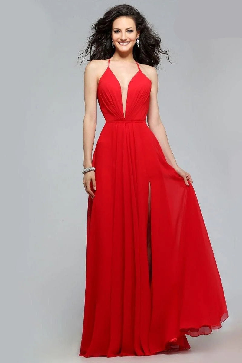 Prom Dresses A Line Long Formal Slit Prom Dress Red