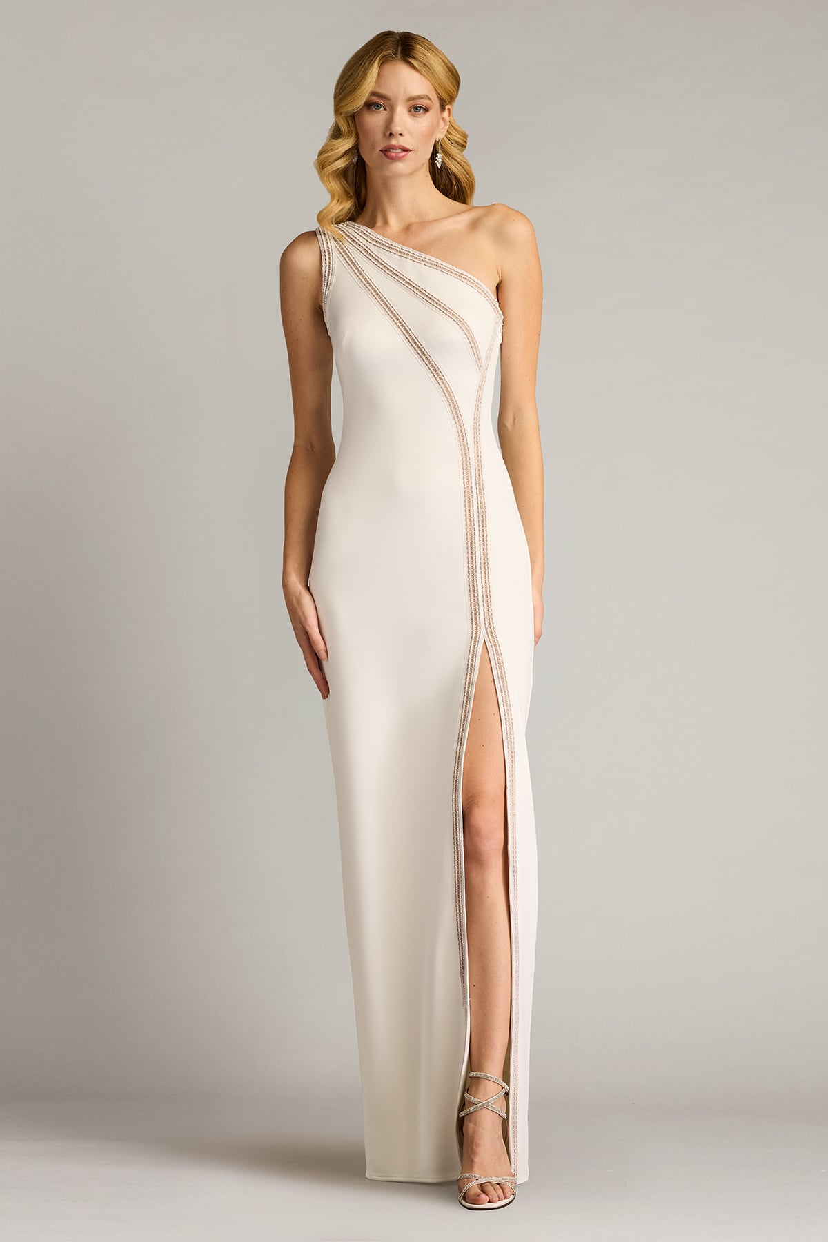 White One-Shoulder Floor-Length Scuba Prom Gown with Side Slit Tadashi Shoji SAGD25036L
