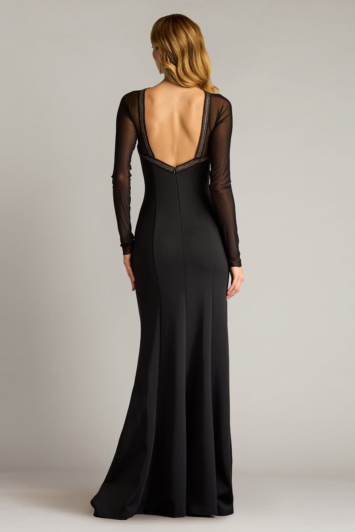 Black Illusion High-Neck Floor-Length Scuba Mother of the Bride Dress with Long Mesh Sleeves Tadashi Shoji SAGD25037L