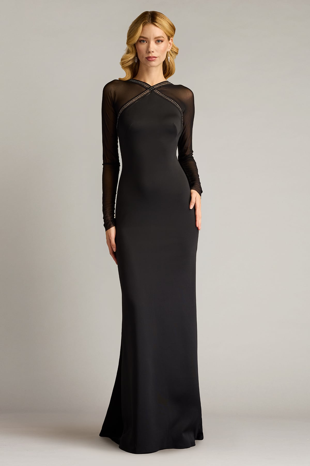 Black Illusion High-Neck Floor-Length Scuba Mother of the Bride Dress with Long Mesh Sleeves Tadashi Shoji SAGD25037L